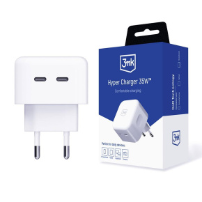 3mk síťová nabíječka - Hyper Charger 35W, GaN, 2x USB-C (PD), bílá