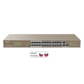 Tenda TEF1126P-24-410W - PoE AT Switch 370Watt, 24xRJ45 10/100 Mbps PoE, 2x Gigabit Uplink RJ45/SFP, bez ventilátora, kov