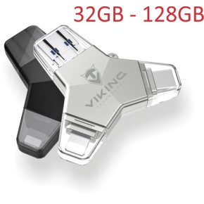 VIKING USB FLASH DISK 3.0 4v1 64GB, S KONCOVKOU APPLE LIGHTNING, USB-C, MICRO USB, USB3.0, čierna