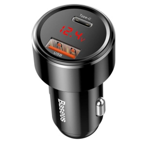 Baseus nabíjačka do auta Magic USB-C PD, USB-A 45W s displejom čierna