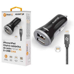 ALIGATOR 3.4A, 2xUSB, smart IC, čierna, USB kábel pre iPhone / iPad