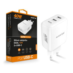 Múdra sieťová nabíjačka ALIGATOR Power Delivery 40W, 2xUSB-C, biela