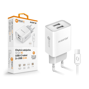 Múdra sieťová nabíjačka ALIGATOR 2,4A, 2xUSB, smart IC, biela, USB-C kábel